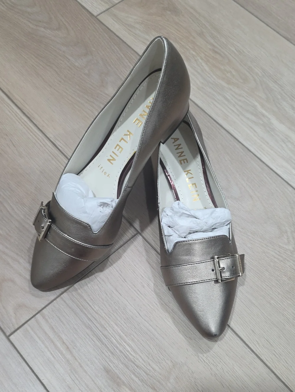 Anne Klein Metallic Pewter Pointed-Toe Buckle Pumps